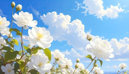 Obraz premium White Flowers Blooming Under Blue Sky with Clouds in Sunny Weather