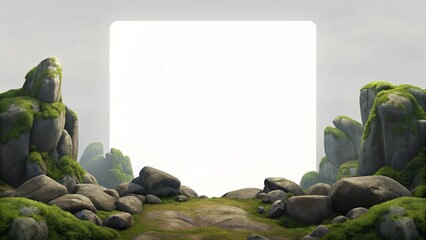 Moss-Covered Rock Texture Background with Bordered Blank Area for Rustic Branding