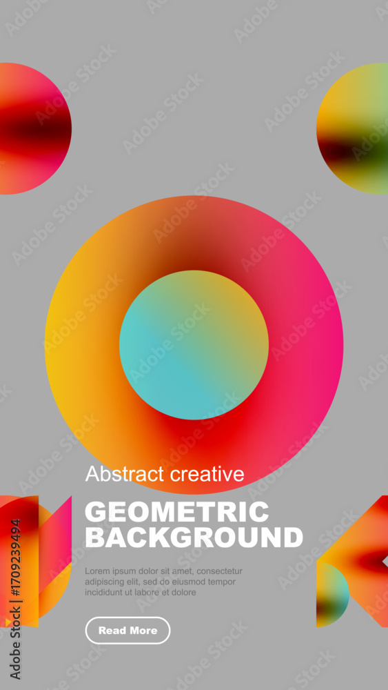 Poster abstract colorful shapes overlap gray backdrop. circles, gradients create modern design. text promot