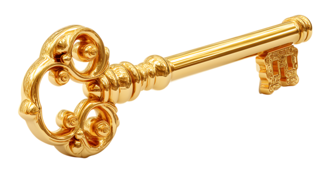 Ornate golden key with intricate design transparent PNG isolated background - Powered by Adobe