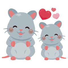 お座りした笑顔のネズミの親子イラスト