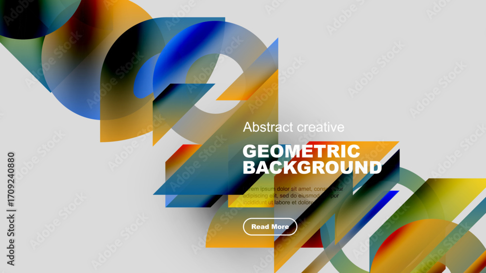 Poster Abstract shapes overlap, creating vibrant color gradients. Text promotes geometric background design, includes read more button.