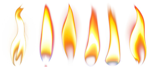 PNG Six stylized flame illustrations in various shapes element set on transparent background.