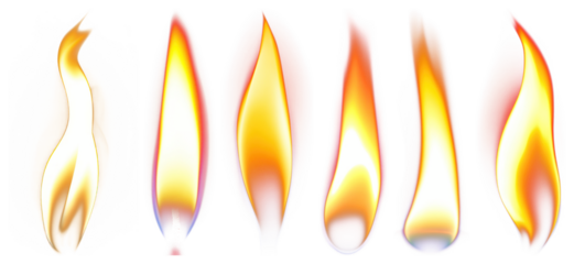 PNG Six stylized flame illustrations in various shapes element set on transparent background.