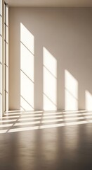 Fototapeta premium Interior view of a room with sunlight streaming through a large window, creating shadows.