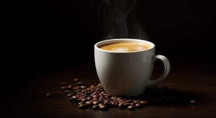 Fototapeta premium Steaming Coffee Cup with Roasted Beans on Dark Wood Surface