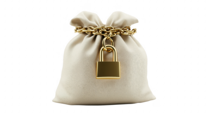 Secure beige money bag locked with gold chain and padlock on background
