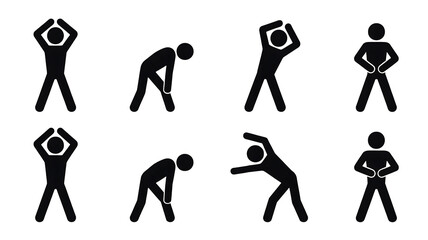 Set of exercise stick figures silhouettes, transparent background, png.

