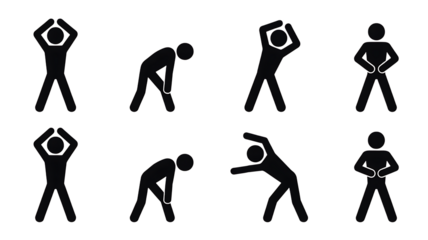 Set of exercise stick figures silhouettes, transparent background, png.