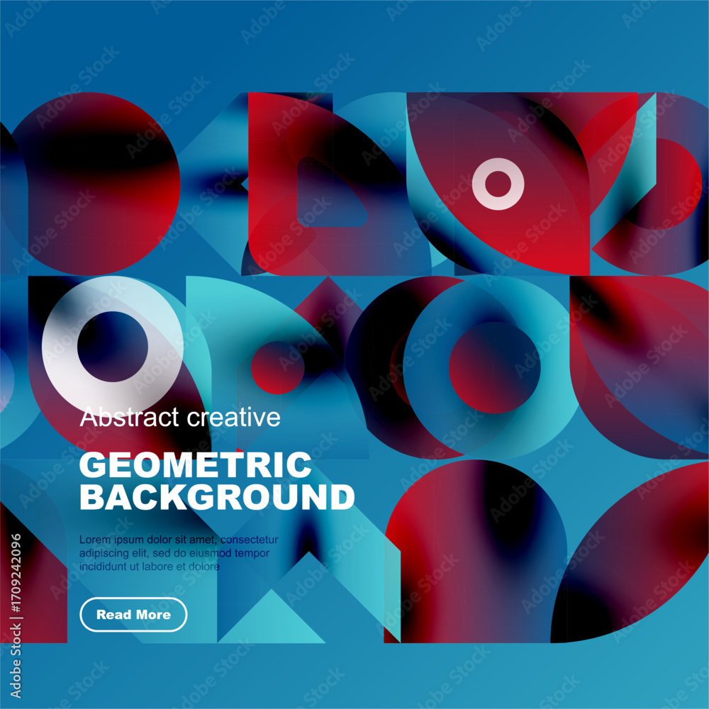 Poster abstract geometric shapes overlap, creating vibrant blue, red gradients. text promotes background de