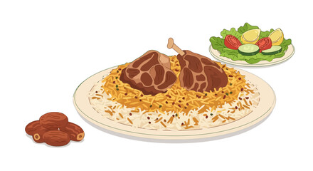 Exquisite Mansaf Illustration Showcasing Jordanian Cuisine on a Plate, Perfect for Culinary Blogs, Recipe Websites, or Middle Eastern Food Promotions