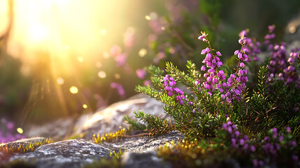 Obraz premium Vibrant image of blooming heather with delicate purple flowers, surrounded by lush green foliage and sunlit rocks, evokes serene atmosphere