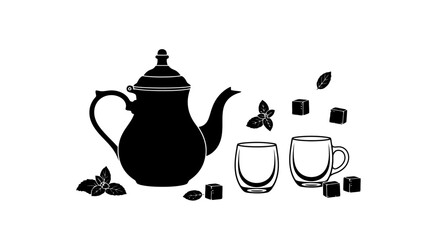 Elegant Moroccan Tea Set Silhouette Illustration for Cafe Menus and Cultural Event Graphics, Perfect for Print and Digital Design Projects