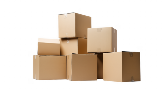 Stacked cardboard boxes against backdrop representing delivery and relocation logistics