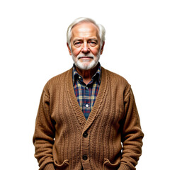 Elderly man smiling in cozy sweater indoor home setting portrait photography warm environment close-up view aging gracefully