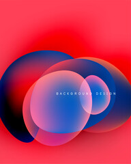 Abstract circles overlap, creating vibrant color gradients. Red background complements blue, purple hues. Modern design element.