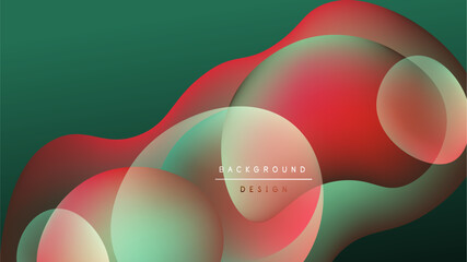 Abstract fluid shapes overlap, creating vibrant color gradients. Dark background emphasizes flowing forms, modern design element.