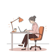 Fototapeta premium A woman working diligently at her desk with a laptop and a desk lamp illuminating her workspace, conveying focus and productivity