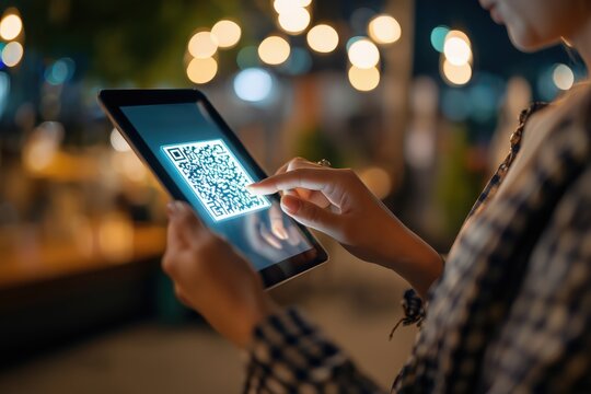 Woman Using Tablet With QR Code At Night