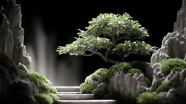 Zen Bonsai Adorned Among Mossy Rocks