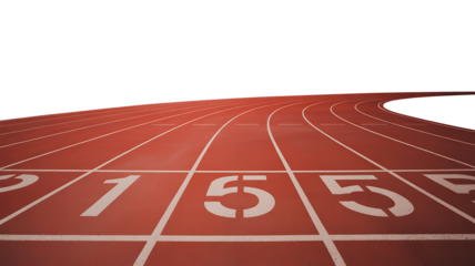 Red running track with numbered lanes curving, transparent background, png.

