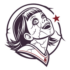 Scary doll with cracked face looking up at star