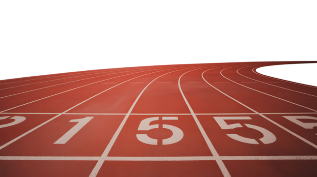 Red running track with numbered lanes curving, transparent background, png.

