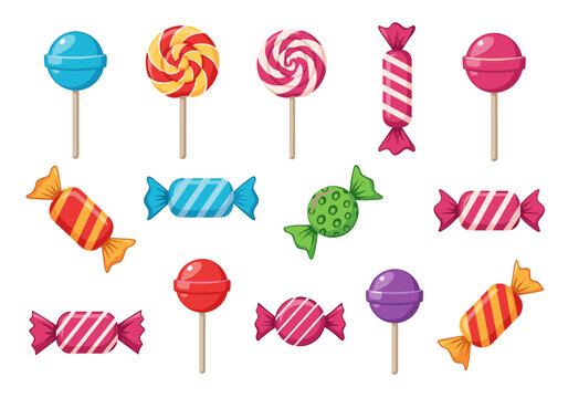 A delightful collection of colorful candies and lollipops arranged in a visually appealing pattern.