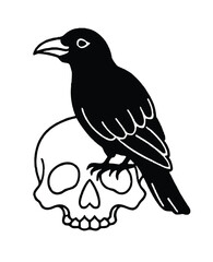 Fototapeta premium Black Raven Perched on Skull a Symbol of Mortality and Gothic Themes