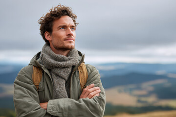 man with backpack stands against pale green background exuding sense of adventure