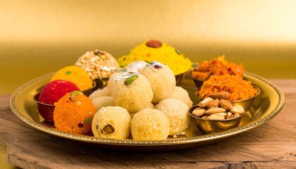 Assorted Indian sweets on a golden plate