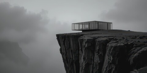 Grayscale Glass House, Dramatic Cliff, Minimal Detail