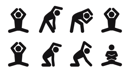 Set of exercise stick figures silhouettes, transparent background, png.

