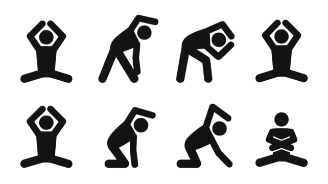 Set of exercise stick figures silhouettes, transparent background, png.

