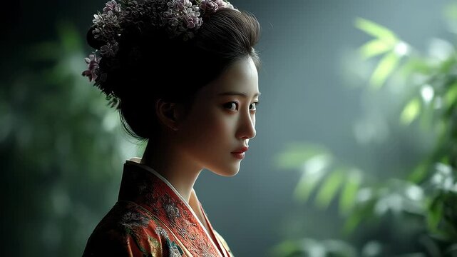 Eastern Classical Beauty in Gorgeous Attire Contemplating