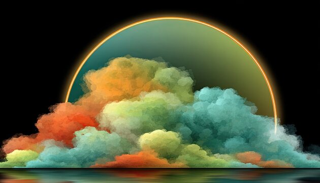 Colorful smoke clouds, glowing circle, dark background - Powered by Adobe