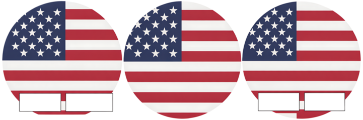 Set of three circular American flag icons, transparent background, png.

