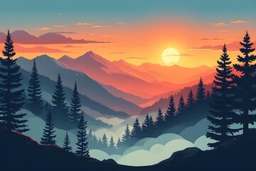 Stunning mountain sunset vista with pine trees silhouetted against colorful sky and cloud shrouded valleys