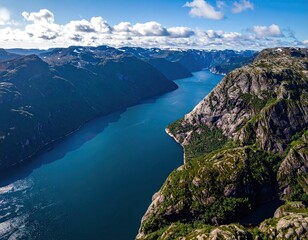 Aerial View of a Fjord Landscape with Rugged Cliffs and Calm Water