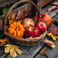 a basket of apples, pumpkins, and autumn leaves on a wooden floor, cozy thanksgiving vibe