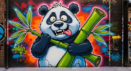 Colorful urban street art mural of a silly cartoon panda bear holding a green bamboo stalk against a vibrant background