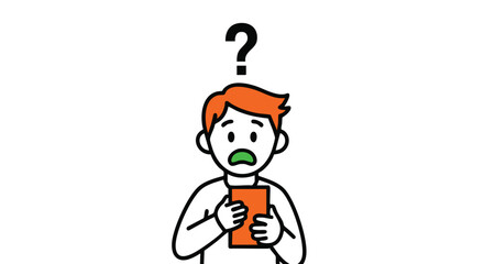 Confused person holding a book with a question mark above head, seeking information urgently