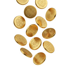 large abstract stylized gold coins falling in motion, luxury wealth concept with metallic reflections and dynamic movement, financial success symbol isolated on transparent background PNG