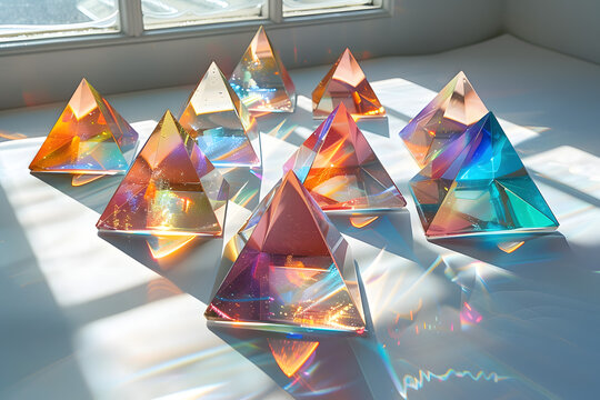 Abstract crystal glass prisms refracting light creating colorful rainbow spectrum patterns