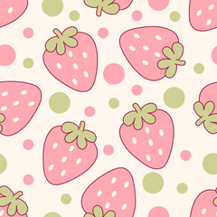 Summer seamless pattern with vector illustrations of fruits. Hand drawn healthy food set and strawberry cartoon background