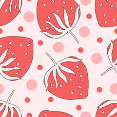 Summer seamless pattern with vector illustrations of fruits. Hand drawn healthy food set and strawberry cartoon background