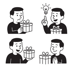 Illustrations of a Man Receiving a Gift and Having an Idea.

