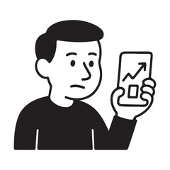 Man looking at phone with graph showing financial growth.
