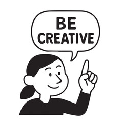 Creative woman pointing up with speech bubble inspiration.
