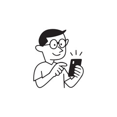 Man using smartphone, focused and happy.